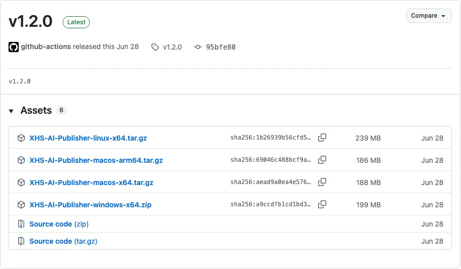小紅書 AI 發文工具 xhs_ai_publisher,開源自動化文案到排程發佈 3 GitHub Releases 頁面顯示 xhs_ai_publisher 唯一正式標籤 v1.2.0 與四平台打包檔