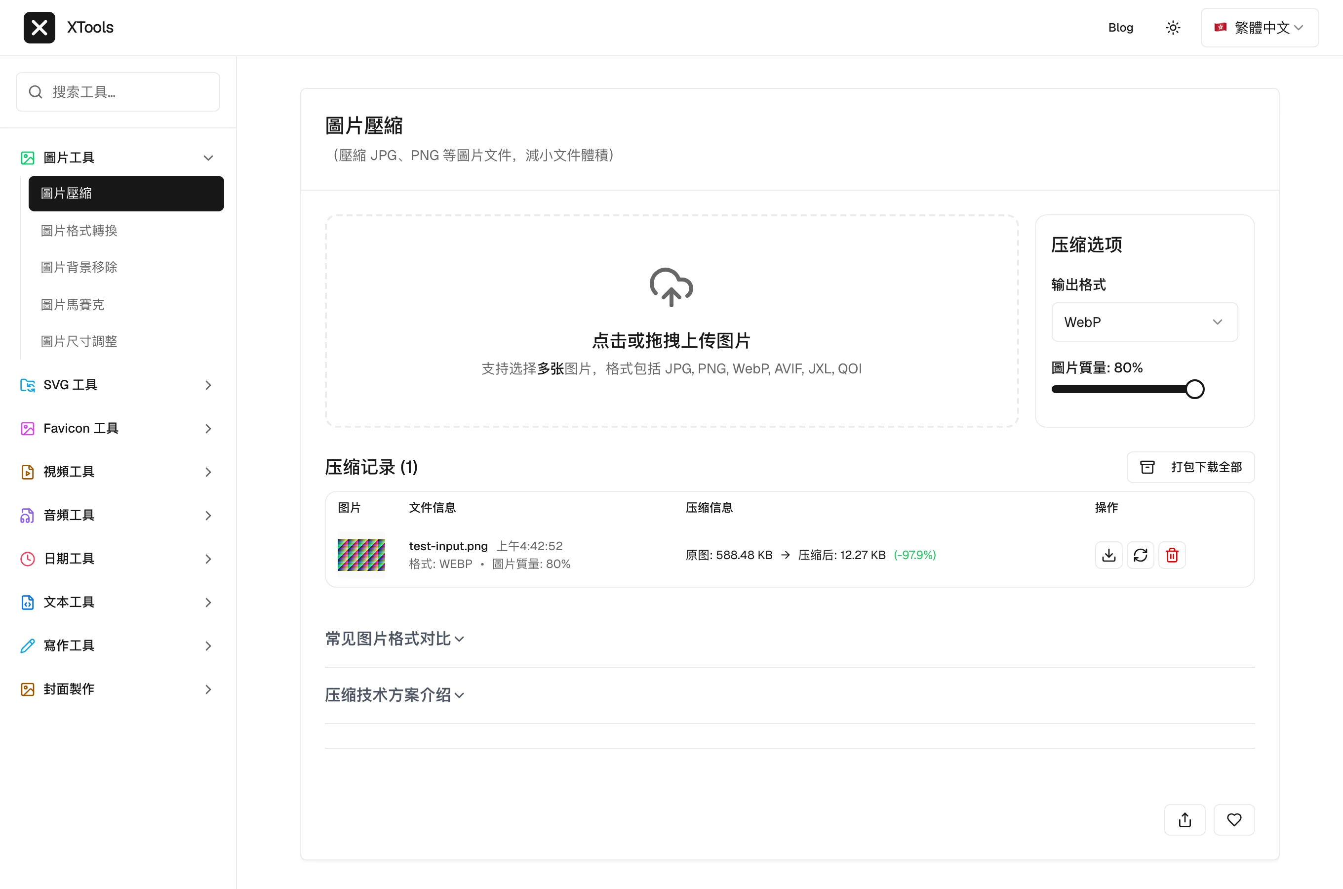 XTools 免費工具箱實測:檔案處理不出瀏覽器,隱私分三層看 3 XTools 圖片壓縮實測結果:588.48 KB 的 PNG 壓到 12.27 KB,縮小 97.9%,品質維持預設 80%
