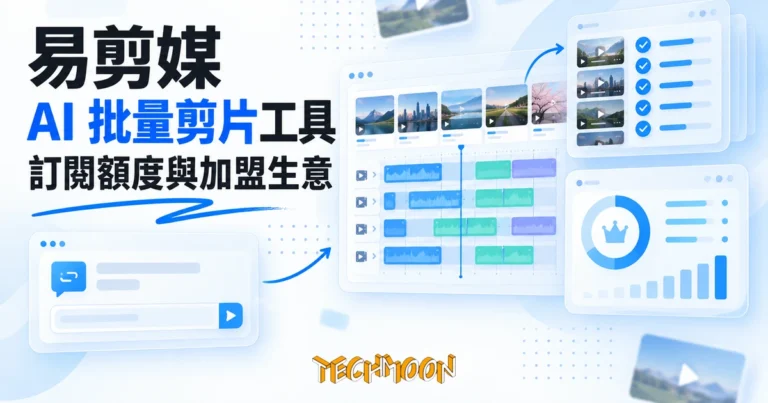 TechMoon 精選圖｜AI 批量影片剪輯工作流概念圖：亮色編輯介面中多條影片時間軸被批次處理，對話指令框與訂閱額度儀表板卡片並列
