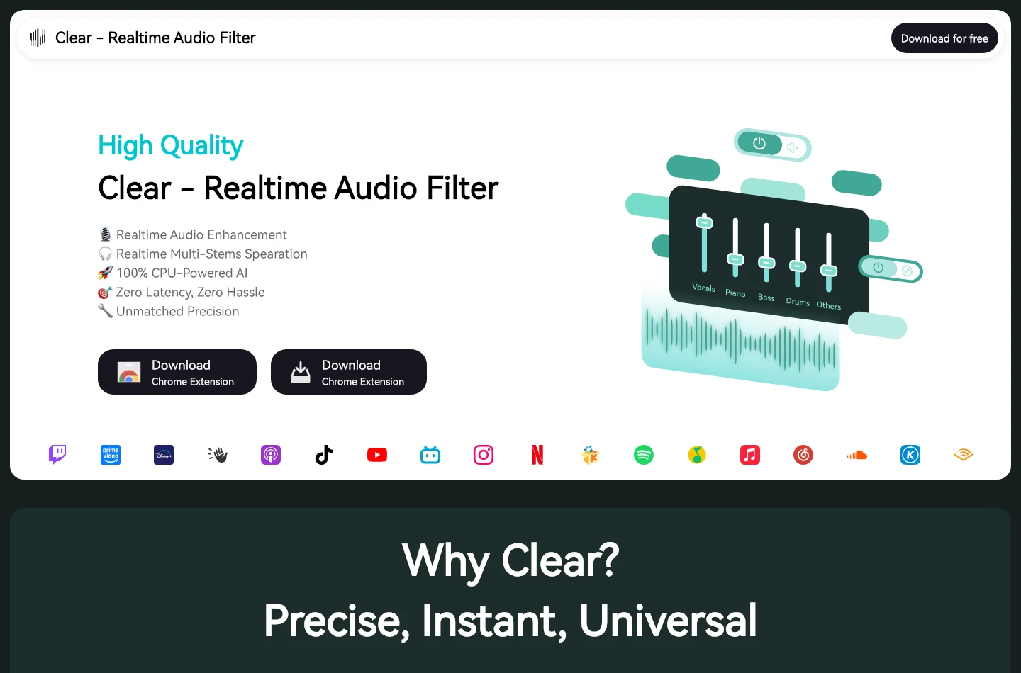 有道 Clear 人聲分離擴充實測:先看清官網 ZIP 現在能不能用 2 Clear 官網首頁,Download for free 按鈕與即時音訊分離賣點