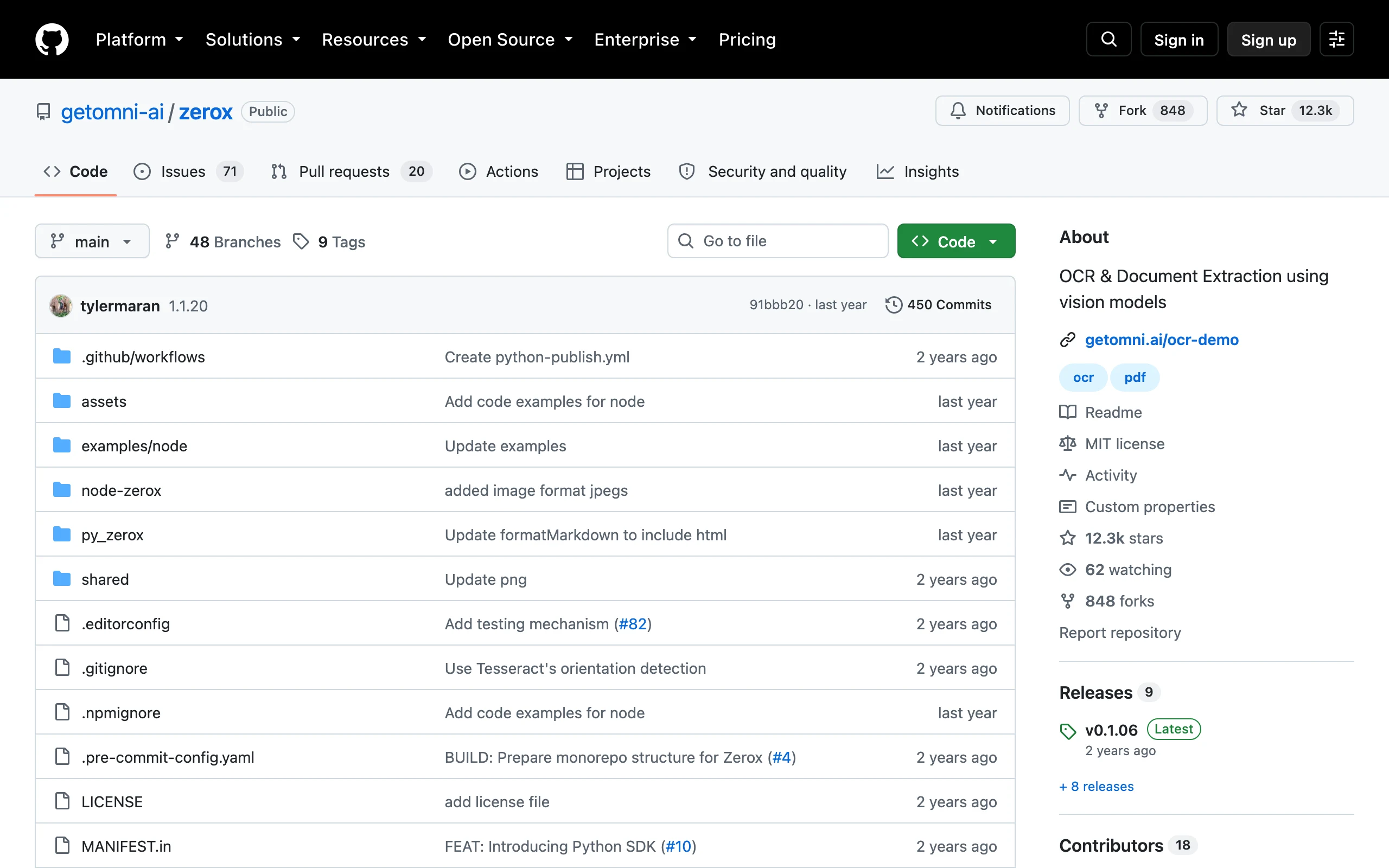 Zerox OCR 開源文件辨識工具,用視覺模型把 PDF 轉 Markdown 2 Zerox OCR 的 GitHub 倉庫頁面,顯示 12.3k 星與 MIT 授權