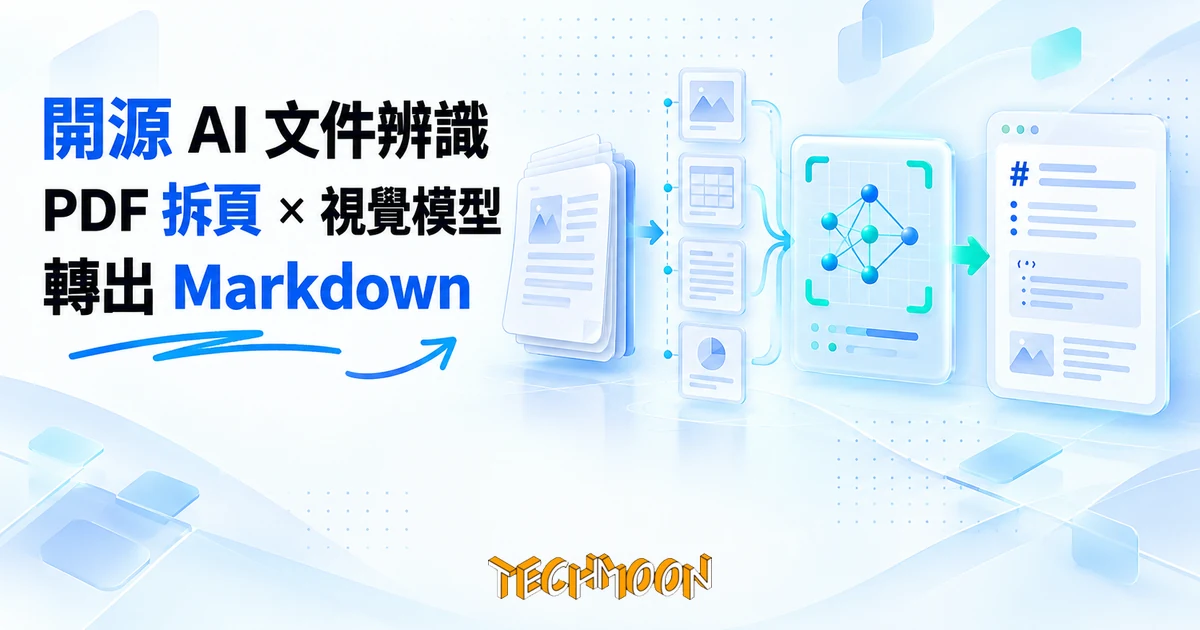 Zerox OCR 開源文件辨識工具,用視覺模型把 PDF 轉 Markdown 1 TechMoon 精選圖|開源 AI 文件辨識工具的精選圖:一疊文件被拆成一頁頁圖片,經過視覺模型處理後輸出成整齊的 Markdown 文字,深色科技感、藍綠色調、無人物無商標