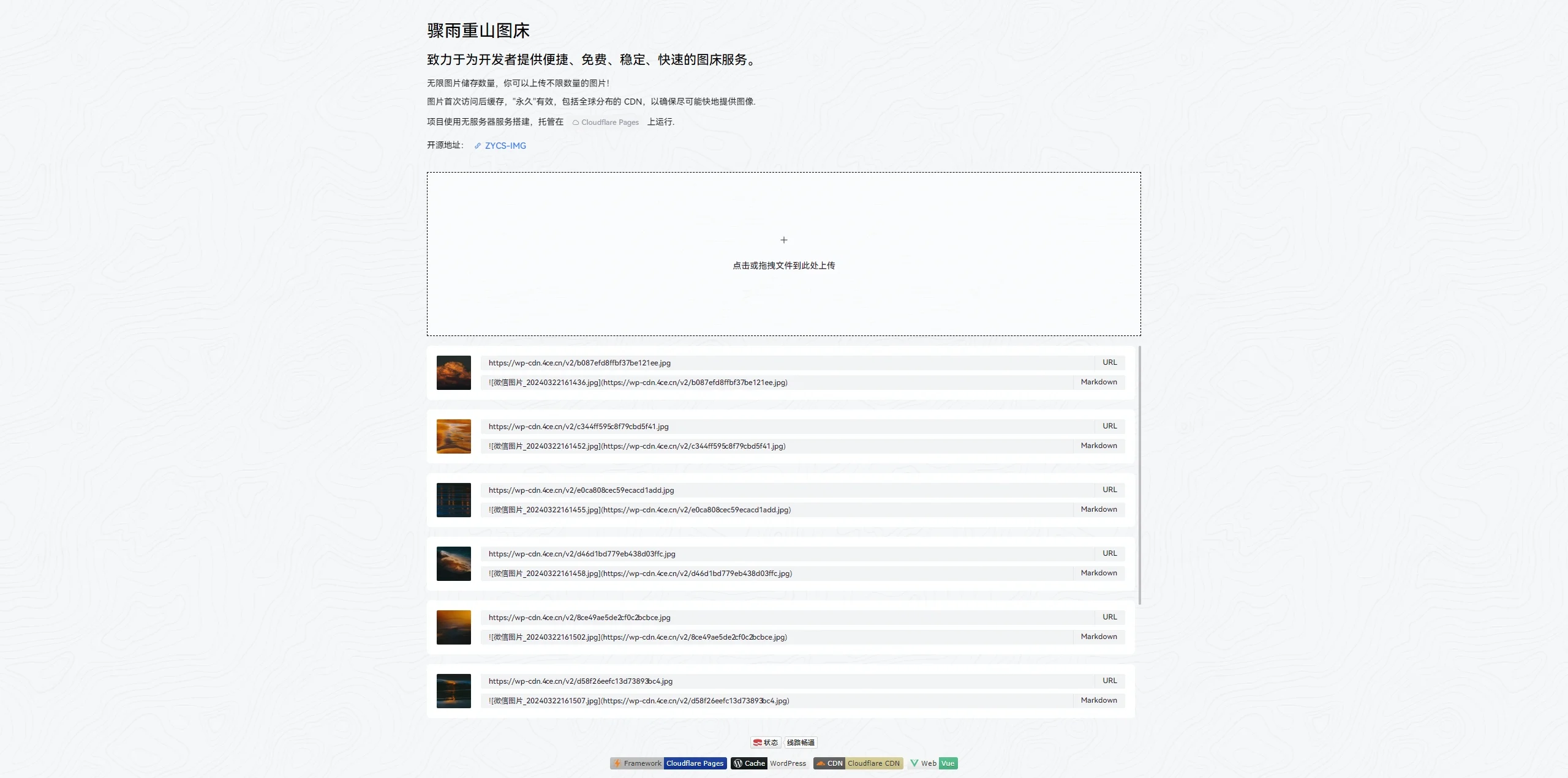 驟雨重山圖床實測:把 Imgur 包成免費圖床,現在還能用嗎 3 驟雨重山圖床的官方介面截圖,顯示上傳區與產生的 v2 連結格式
