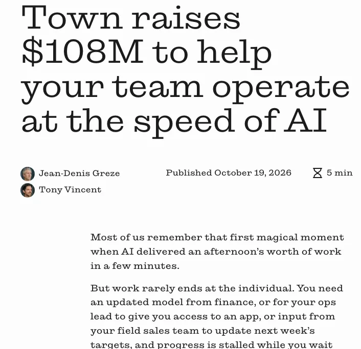 Town 官方 B 輪公告頁首：Town raises $108M 標題與作者署名