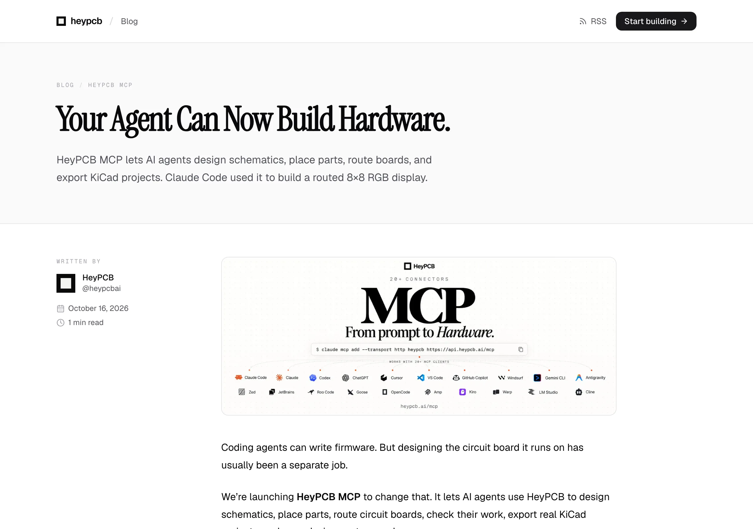 HeyPCB 官方發布文章 Your Agent Can Now Build Hardware 頁面