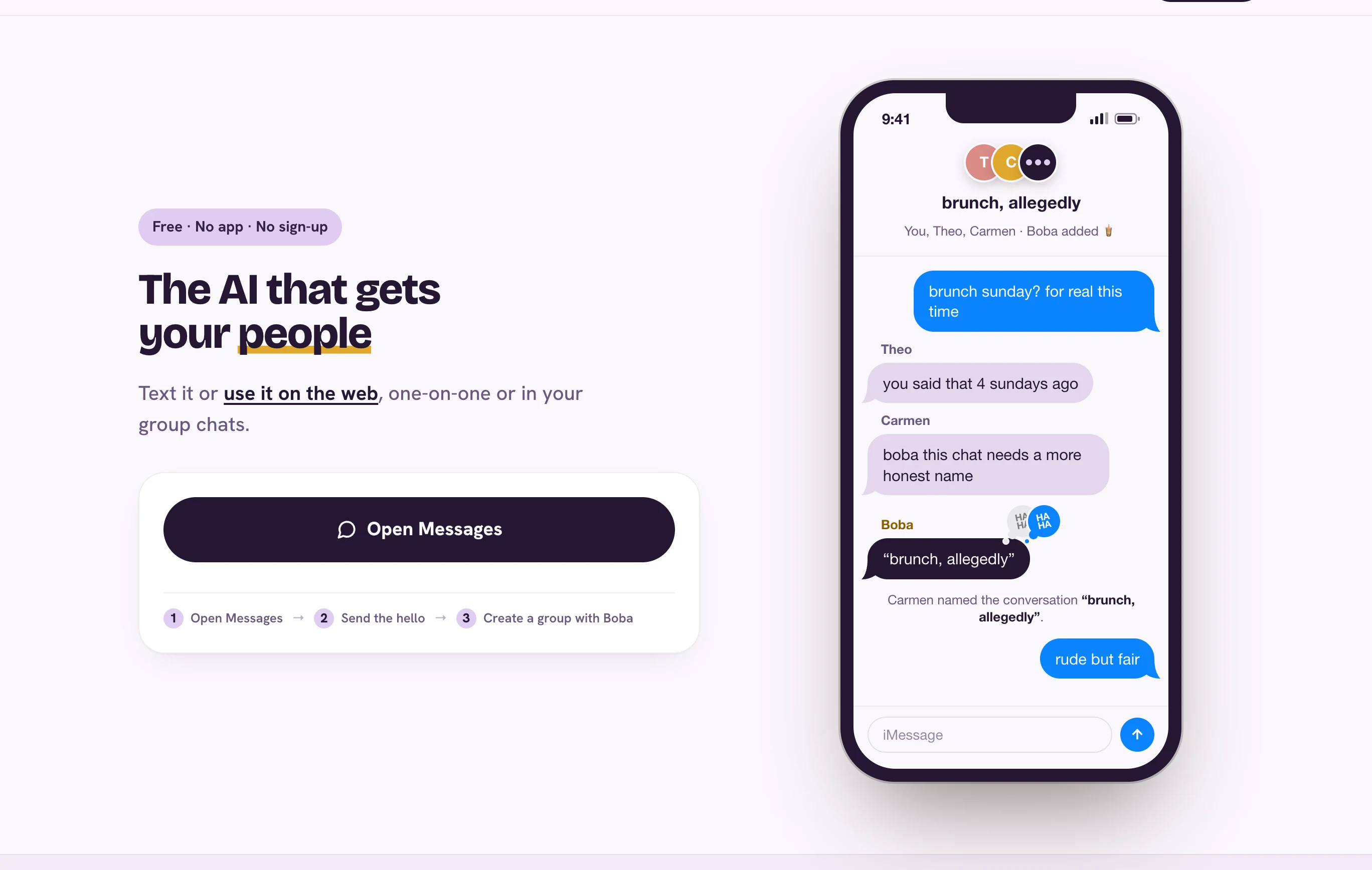 Boba 群組 AI 助理上線:用簡訊排行程、分帳與提醒,免裝 App 2 Boba 官方產品頁首頁:標示免費、免 App、免註冊,三步驟把 Boba 加進既有群組,右側為群組對話示範