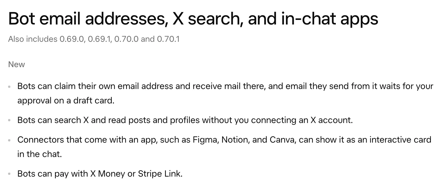 Grok Bot 官方更新紀錄 v0.70.2 條目截圖，標題為 Bot email addresses, X search, and in-chat apps，自述涵蓋 0.69.0 至 0.70.1，New 清單列出 Bot 可認領自己的電子郵件地址並在草稿卡片等待同意、免連 X 帳號搜尋貼文與個人資料、Figma Notion Canva 的互動卡片，以及用 X Money 或 Stripe Link 付款