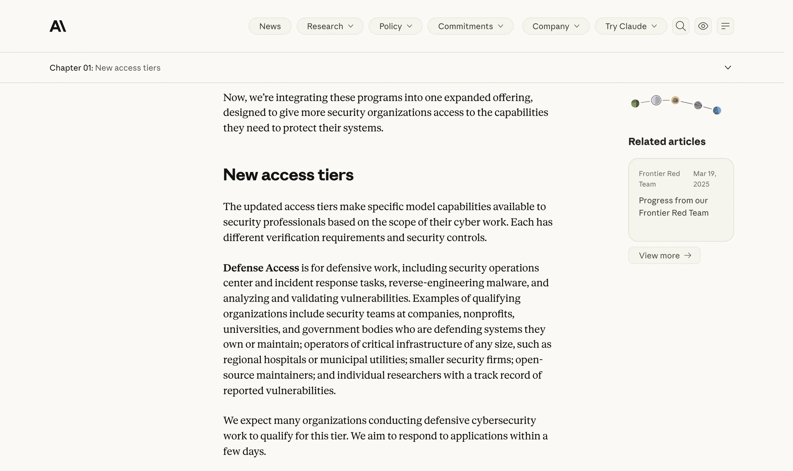 Anthropic 官方公告的 Cyber Verification Program 防禦存取層級說明，合格對象明列開源維護者與個人研究者