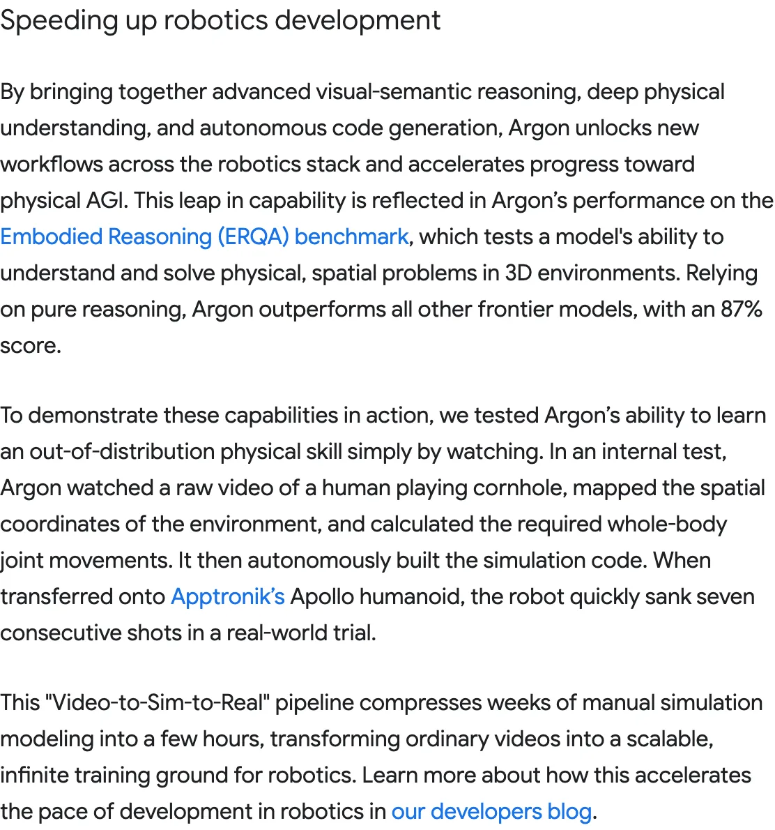 Google 把人類影片變機器人訓練場,布袋球實機七球連進 2 Google 官方公告的機器人段落 Speeding up robotics development,內文說明 Argon 觀看人類打布袋球影片、自主建立模擬程式碼,轉移到 Apptronik Apollo 後在實機試驗連進七球