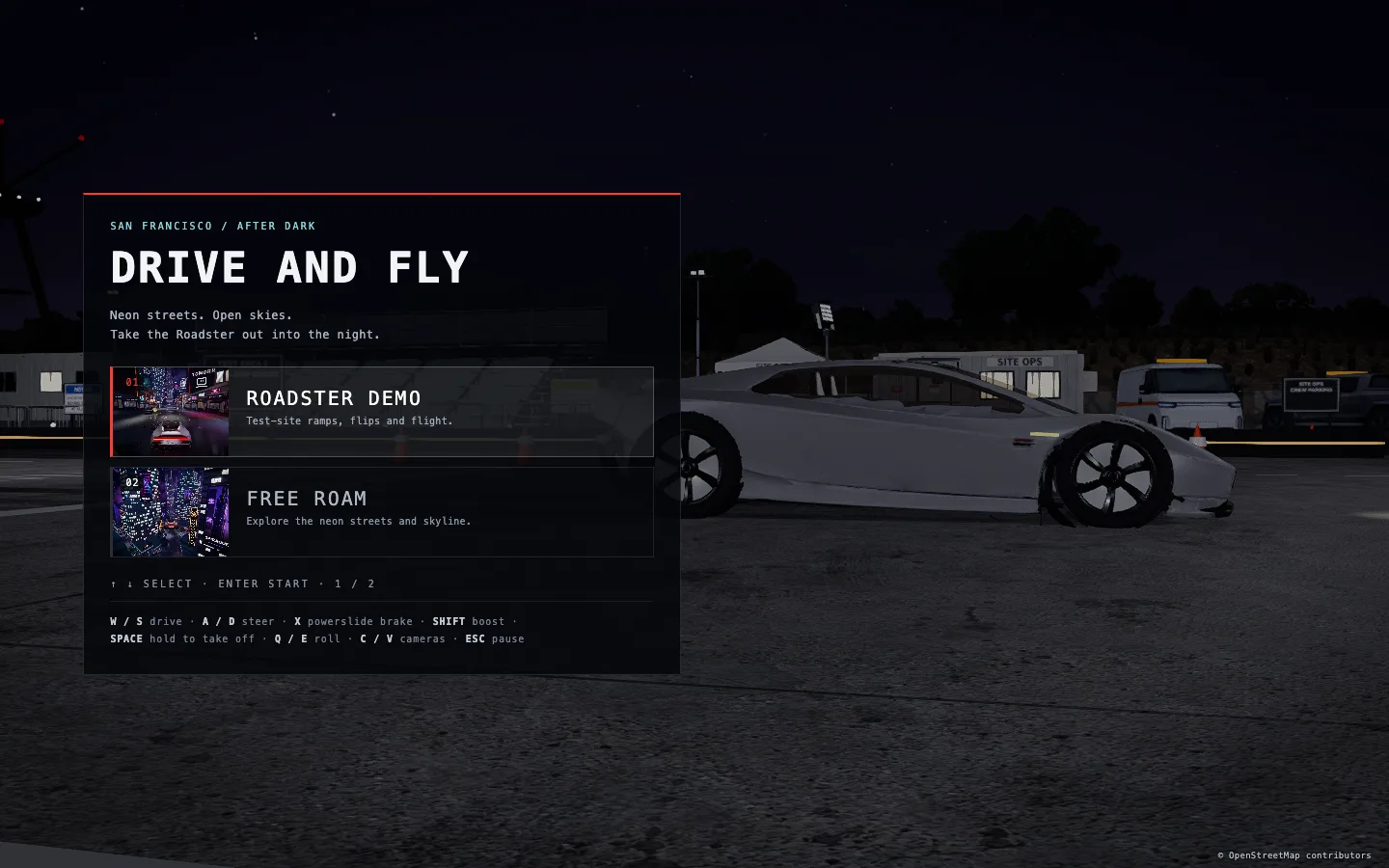 Perplexity 執行長秀 AI 做的遊戲:Roadster 瀏覽器原型實測 2 2049.pplx.app 瀏覽器遊戲主選單截圖,標題 San Francisco Drive and Fly,兩個模式選項為 ROADSTER DEMO 測試場坡道翻轉與飛行、FREE ROAM 探索霓虹街道與天際線,下方列出 W S 油門、A D 轉向、X 甩尾煞車、SHIFT 加速、SPACE 起飛等按鍵說明,右下角保留 OpenStreetMap contributors 署名,場景中停著銀灰色跑車