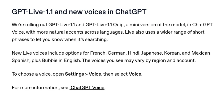 GPT-Live-1.1 登場:六語新音色,免費版拿到的是 Quip 2 OpenAI 說明中心的 ChatGPT 更新紀錄,2026 年 10 月 15 日條目列出 GPT-Live-1.1 與 GPT-Live-1.1 Quip 的推出內容與六種語言新音色