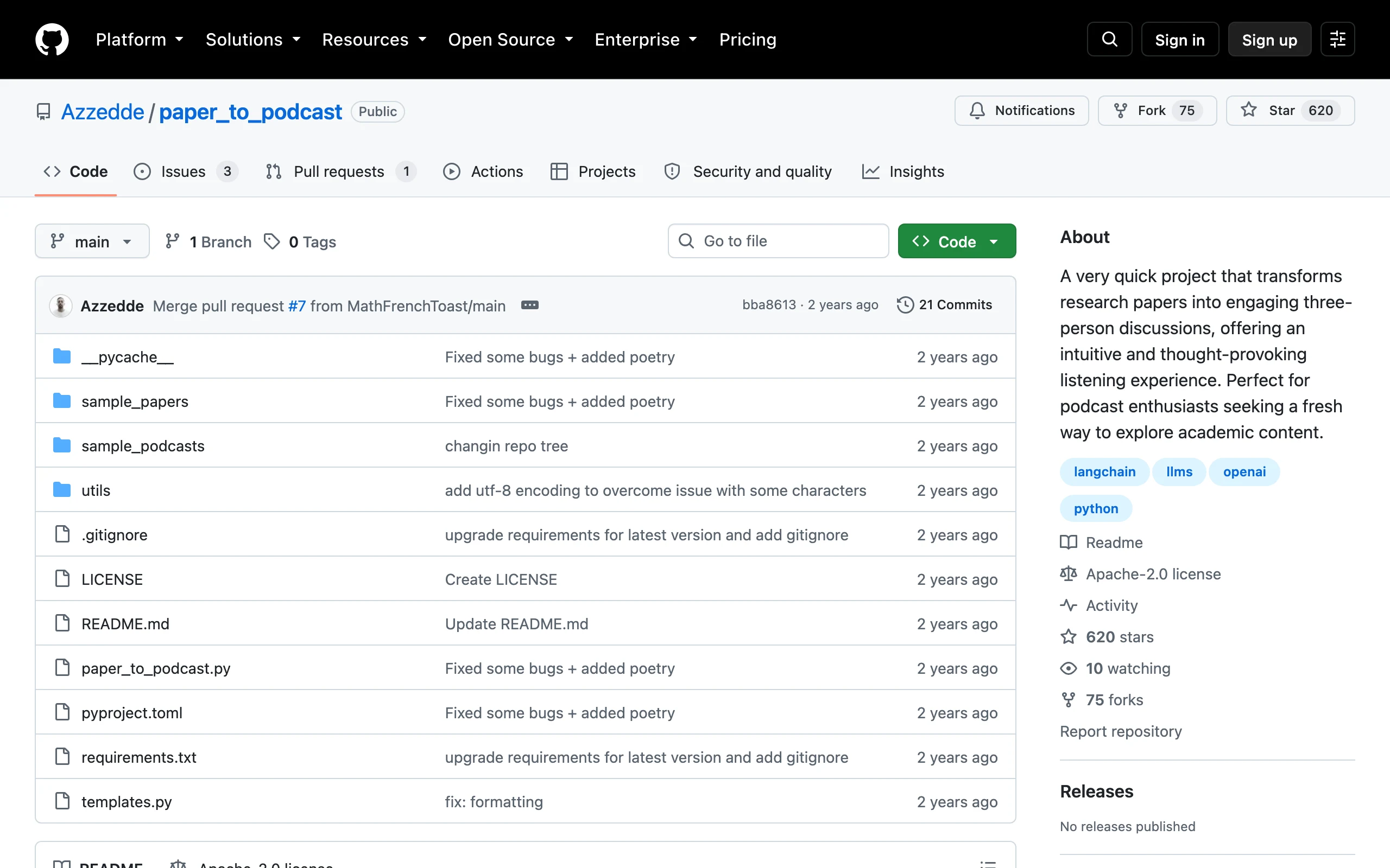 Paper-to-Podcast 的 GitHub 儲存庫頁面，顯示 620 顆星與 75 個 fork