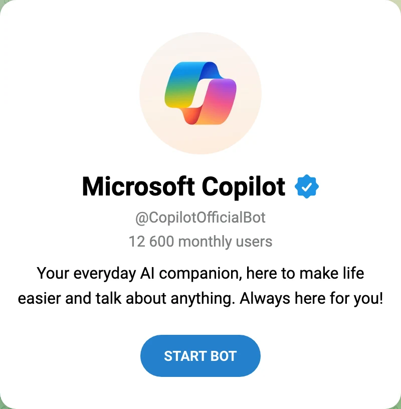 TechMoon 精選圖｜Telegram 上 Microsoft Copilot 官方帳號頁面