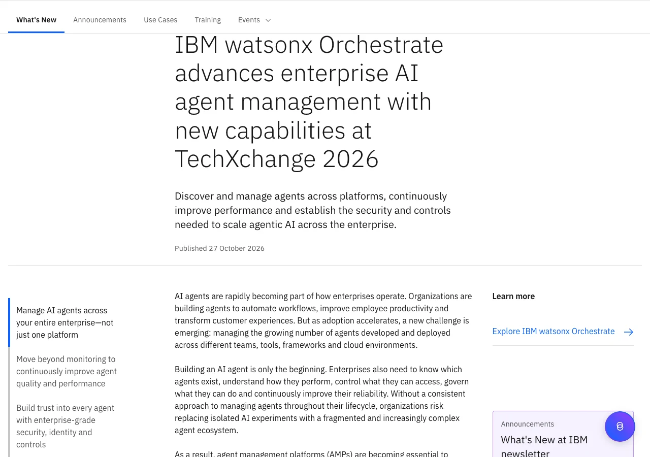 IBM 代理管理平台更新:跨平台盤點在預覽,評測與身分已上線 2 IBM watsonx Orchestrate 產品公告頁面標題與發布日期