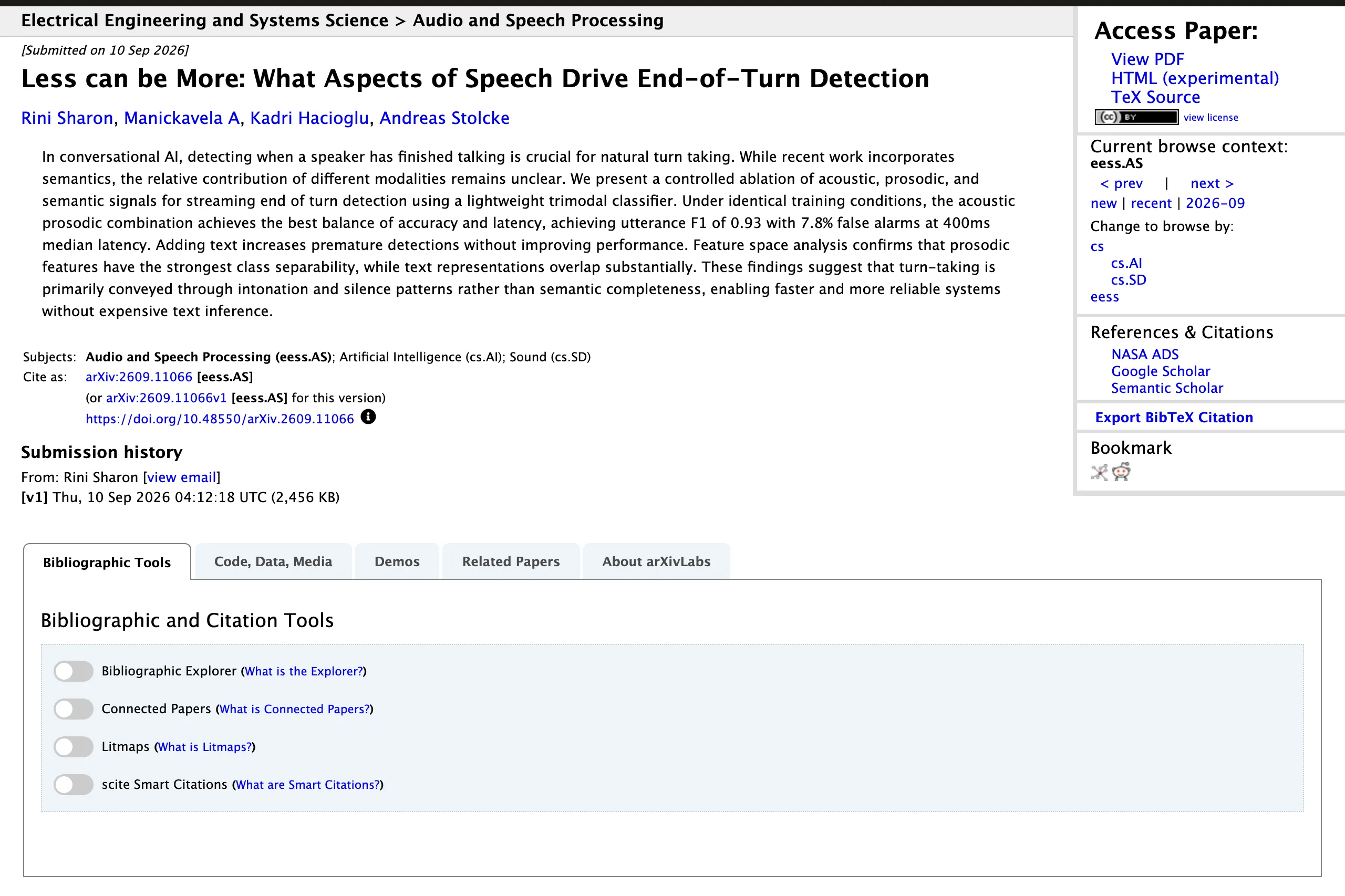 Tazo 主張語音代理別只讀逐字稿,論文證據與產品現況拆開看 3 arXiv 論文 2609.11066 摘要頁,標題 Less can be More: What Aspects of Speech Drive End-of-Turn Detection,摘要列出 F1 0.93、誤判 7.8% 與中位延遲 400 毫秒