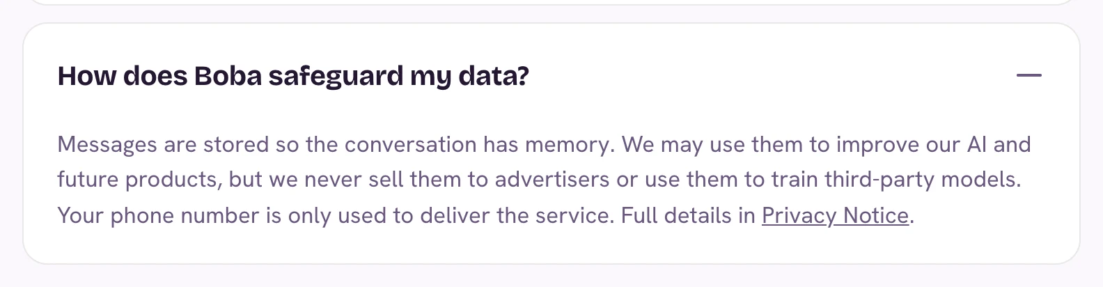 Boba 群組 AI 助理上線:用簡訊排行程、分帳與提醒,免裝 App 3 Boba 官網 FAQ 資料段截圖:訊息會被保存以維持記憶,可能用於改善 AI 與未來產品,但不賣給廣告商、不用於訓練第三方模型