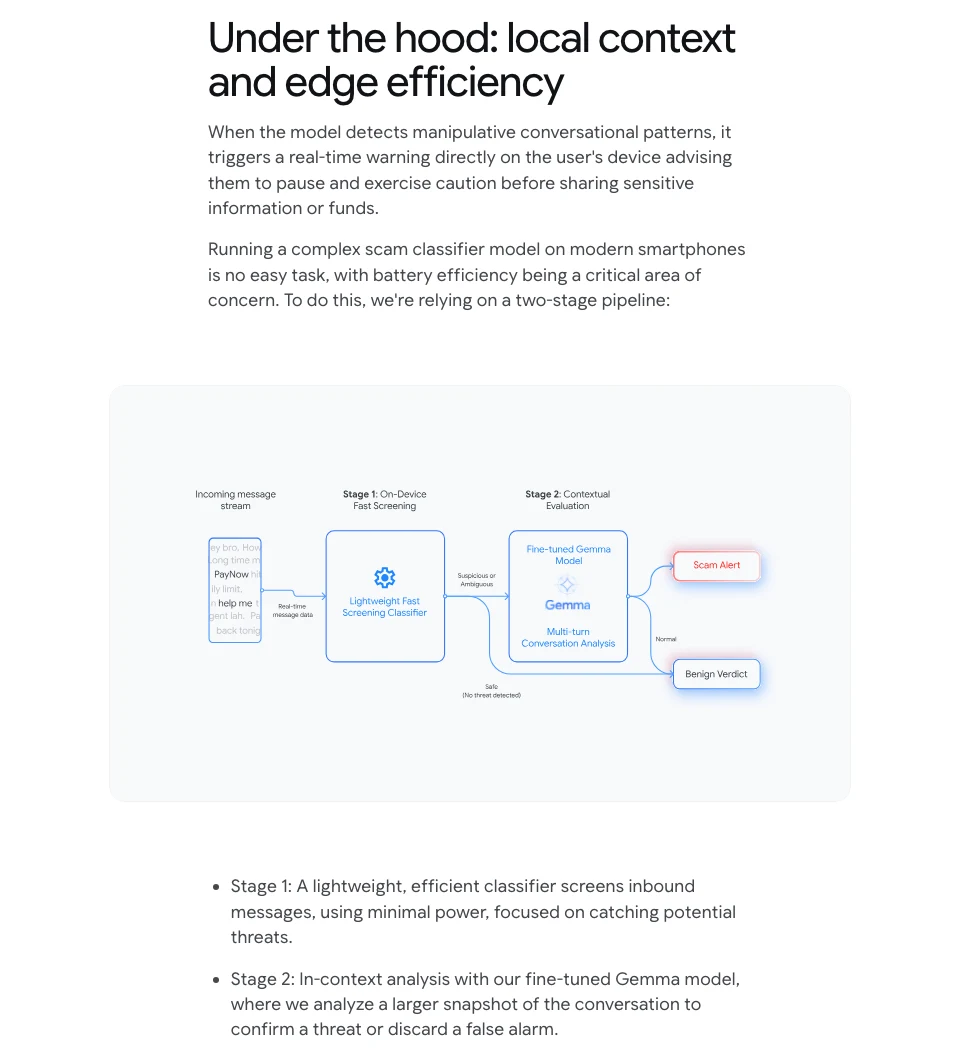 Google Gemma 防詐模型把攔截搬進手機,加密對話不離開裝置 3 DeepMind 公告的 Under the hood 段落原文,說明即時警告與兩階段管線,列出第一階段輕量分類器與第二階段微調 Gemma 的上下文分析