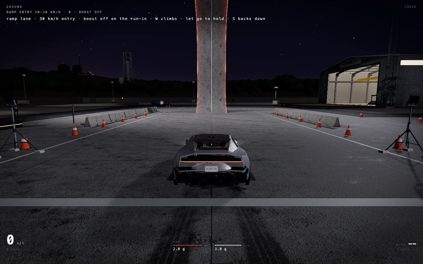 Perplexity 執行長秀 AI 做的遊戲:Roadster 瀏覽器原型實測 3 ROADSTER DEMO 模式遊戲畫面,車輛停在夜間測試場對著垂直坡道,左上角顯示 GROUND 與坡道建議時速 30 公里進入且助跑段關閉推進器,畫面下方有風扇推力 2.0G 與觸地 3.0G 讀值,右下角有 0 到 60 加速計時器與最佳紀錄欄位