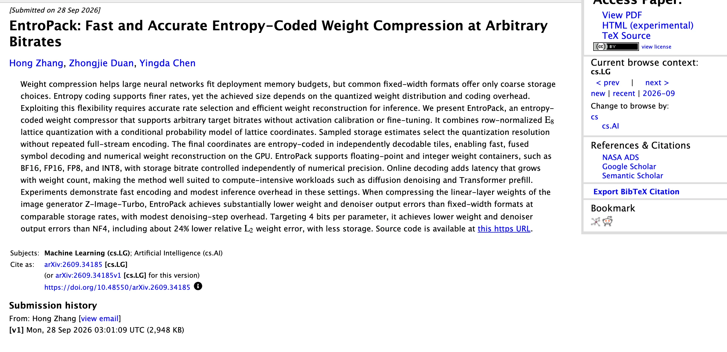 EntroPack 開源模型壓縮,任意位元率把權重塞進記憶體預算 3 EntroPack 論文在 arXiv 的摘要頁,標題為 Fast and Accurate Entropy-Coded Weight Compression at Arbitrary Bitrates,2026 年 9 月 28 日投稿
