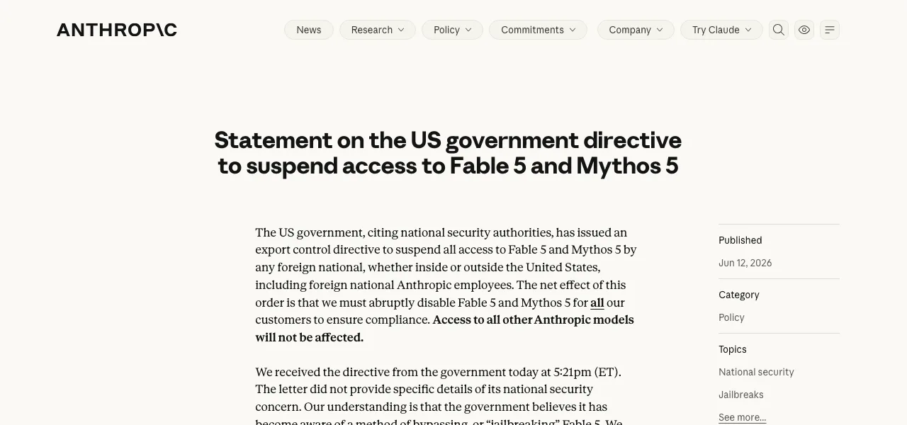 Mythos 延後四個月的說法從哪來:官方文件裡的分層時間線 3 TechMoon 截圖|Anthropic 於 2026 年 6 月 12 日發布的聲明,說明美國政府出口管制指令要求暫停外國人存取 Fable 5 與 Mythos 5
