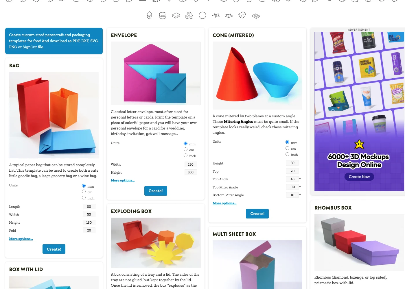 templatemaker.nl 首頁的模板清單，以卡片式列出紙袋、信封、禮盒等模型