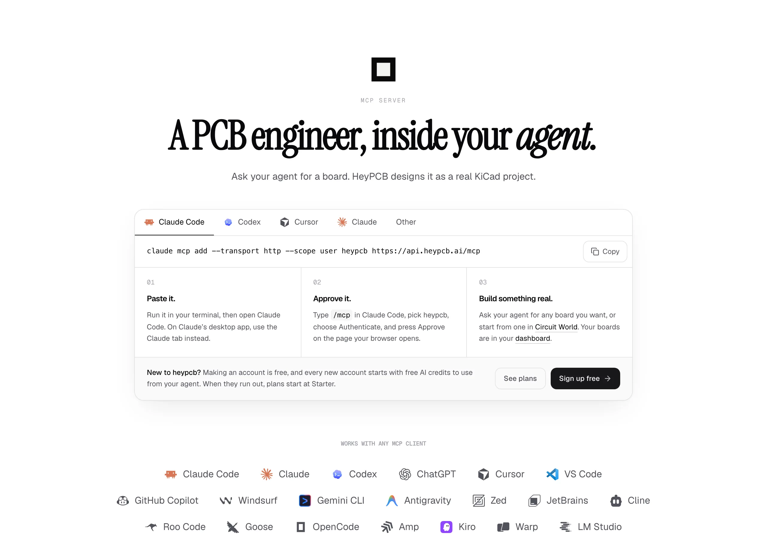 heypcb.ai 的 MCP 連接說明頁，顯示 claude mcp add 指令與支援的 MCP 用戶端清單