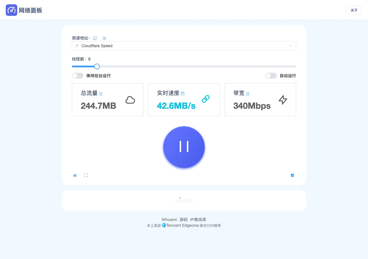 NetworkPanel 實測畫面：Cloudflare 節點 8 執行緒跑出約 340Mbps 的下載頻寬