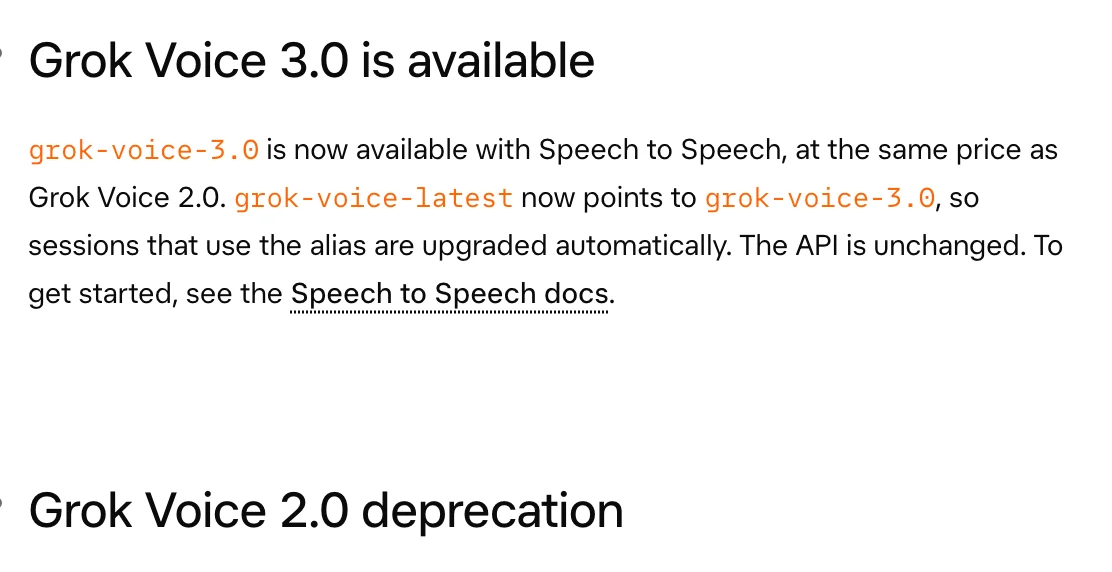 Grok Voice 3.0 發布:綜合評測登頂,客服任務讓位給速度 3 xAI 開發文件更新紀錄 10 月 14 日兩條截圖,標題為 Grok Voice 3.0 is available 與 Grok Voice 2.0 deprecation,內文寫明 grok-voice-latest 已指向 grok-voice-3.0、使用別名的對話自動升級、API 不變、價格與 Grok Voice 2.0 相同