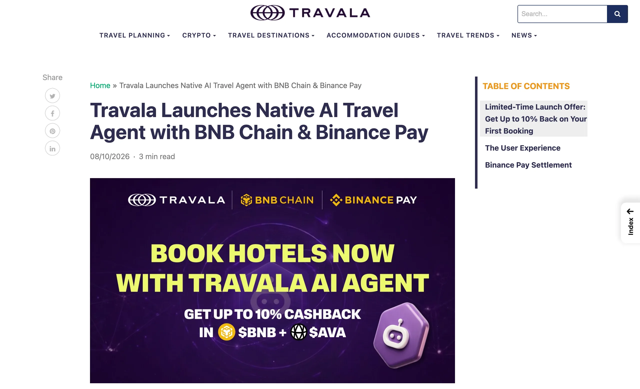 Travala AI 訂房代理接進 Binance x402,簽一次授權就訂好房 4 Travala 官方部落格公告頁首,標題為 Travala Launches Native AI Travel Agent with BNB Chain 與 Binance Pay