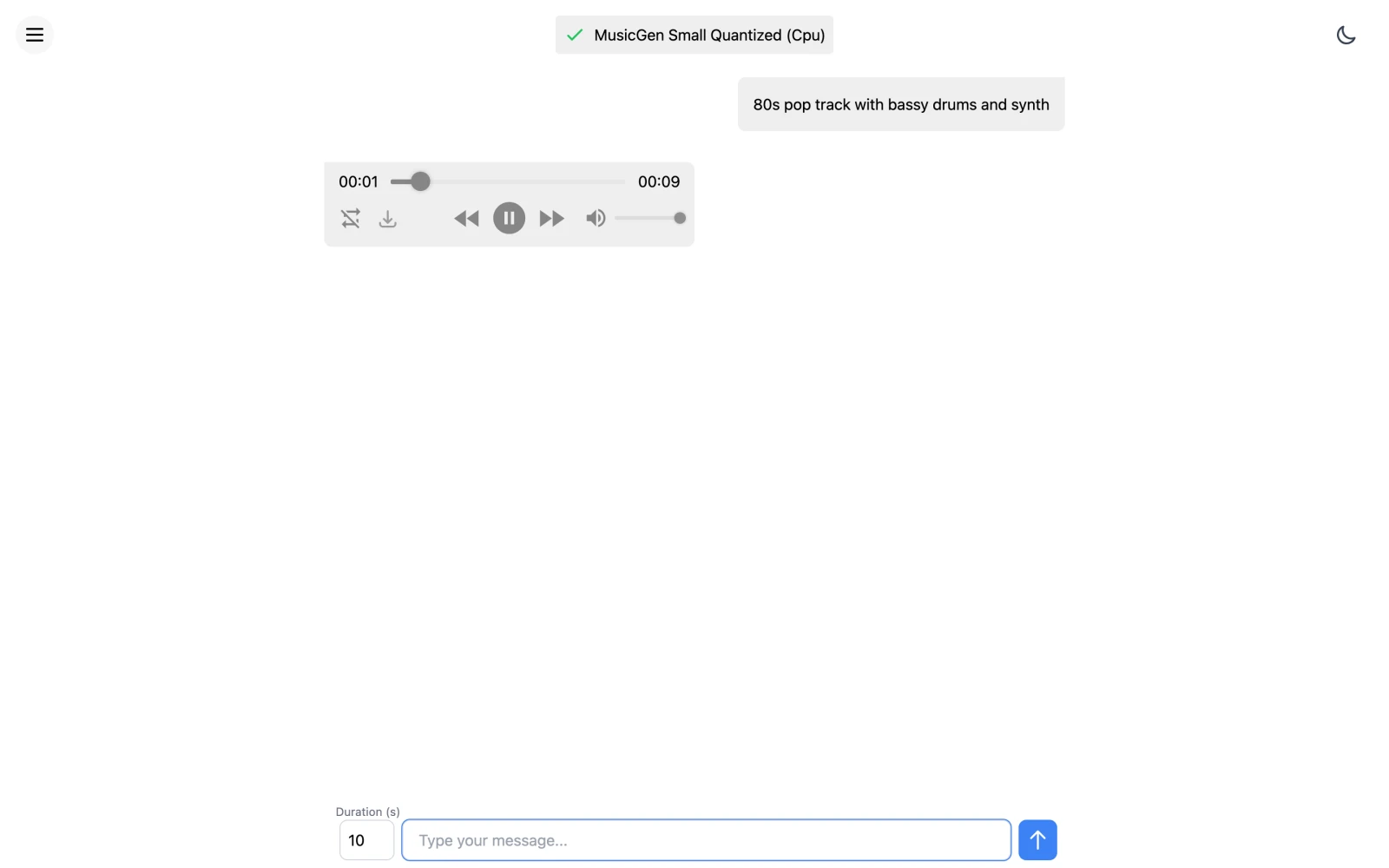 MusicGPT 生成結果，訊息串內出現音訊播放器