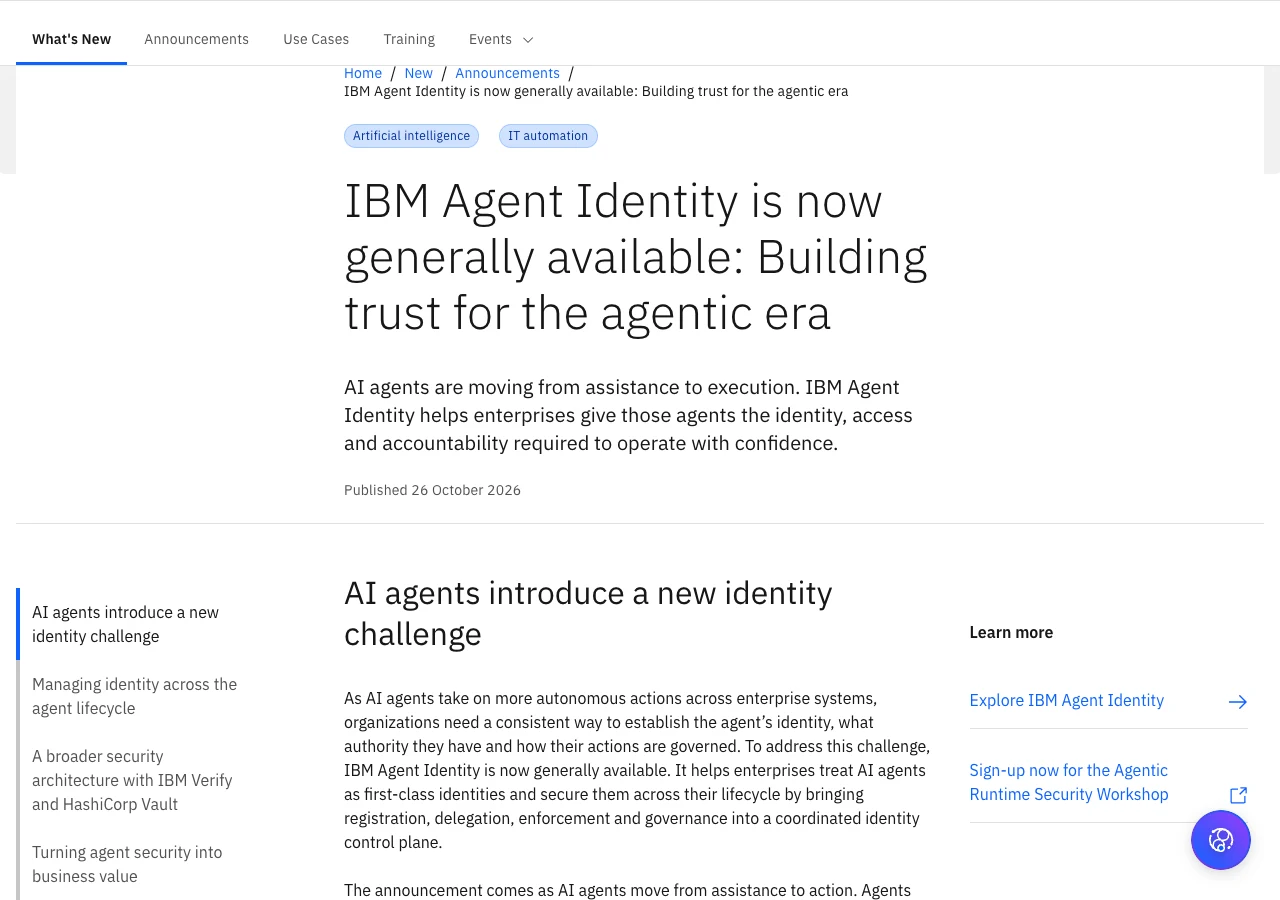IBM 代理管理平台更新:跨平台盤點在預覽,評測與身分已上線 4 IBM Agent Identity 正式供應公告標題與日期