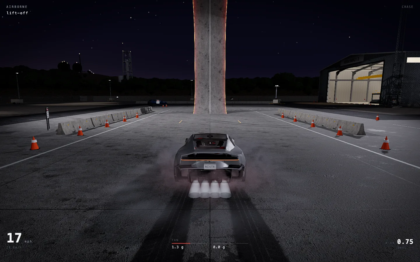 Perplexity 執行長秀 AI 做的遊戲:Roadster 瀏覽器原型實測 4 長按空白鍵後的遊戲畫面,車尾噴出推進器氣流,左上角狀態顯示 AIRBORNE 與 lift-off 升空提示,速度表顯示時速 28 公里