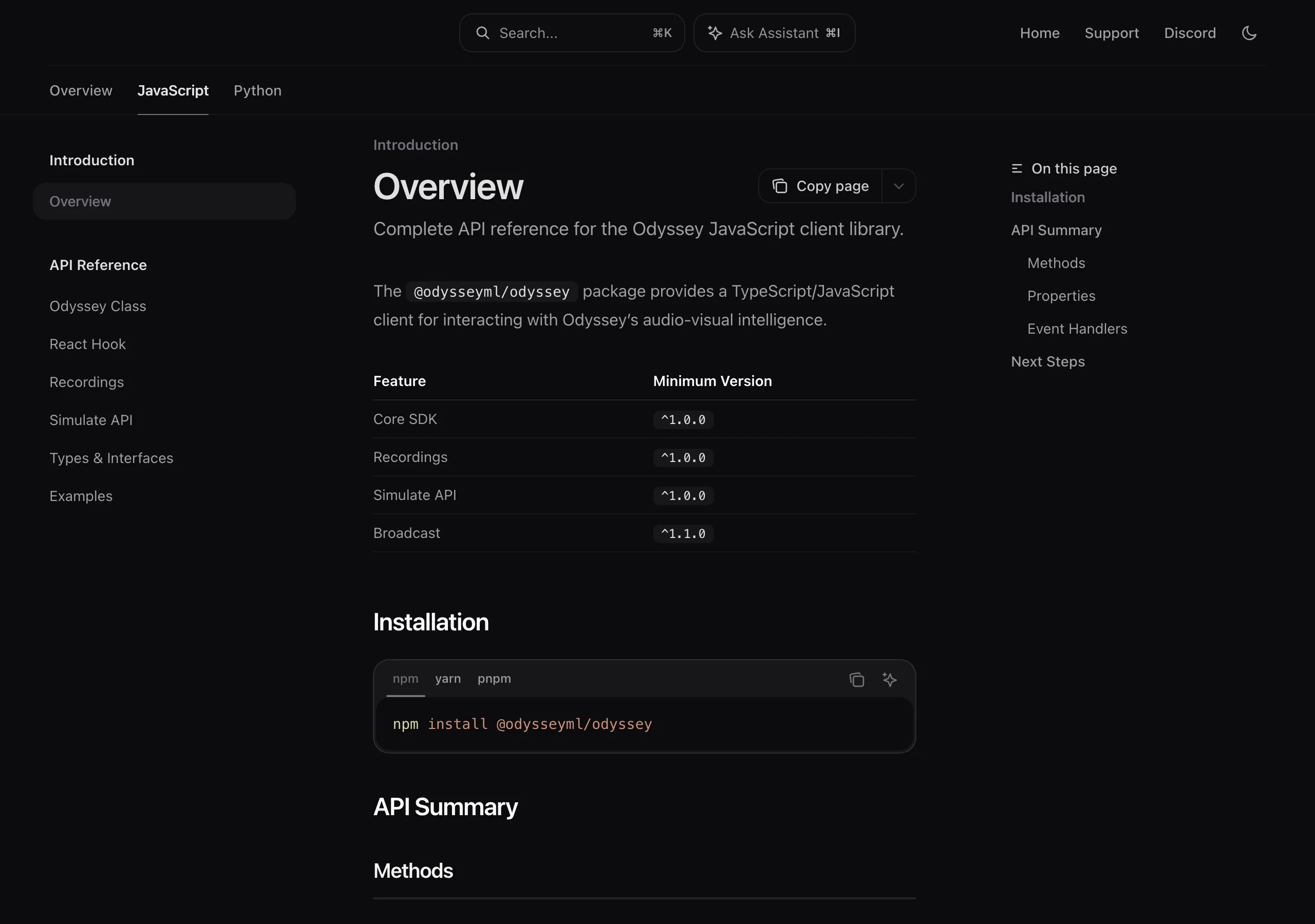 Odyssey 對外 API 文件頁面截圖，深色模式，左側為文件導覽，右側為 JavaScript SDK 的 API Summary 區塊，方法表中列出 connect、startStream、interact 等方法與說明，interact 一列的說明是 Send a prompt to update the video