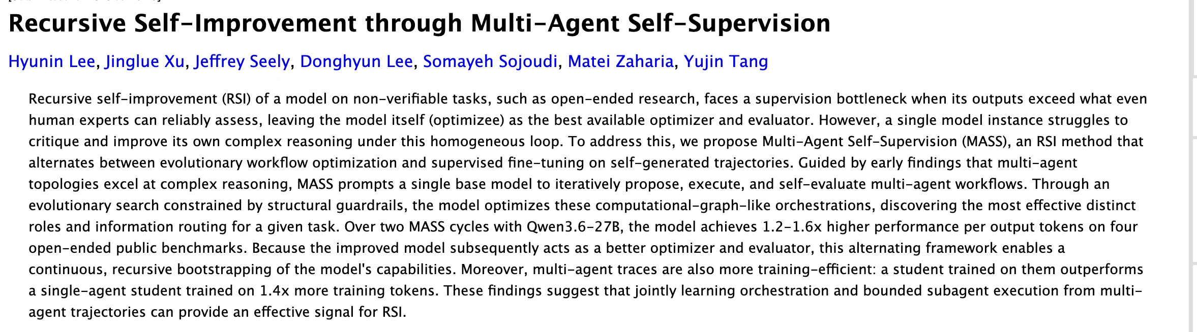 Sakana AI MASS 讓模型組團自我監督,從工作紀錄改進自己 3 arXiv 論文 2610.12176 的標題、作者與摘要區塊