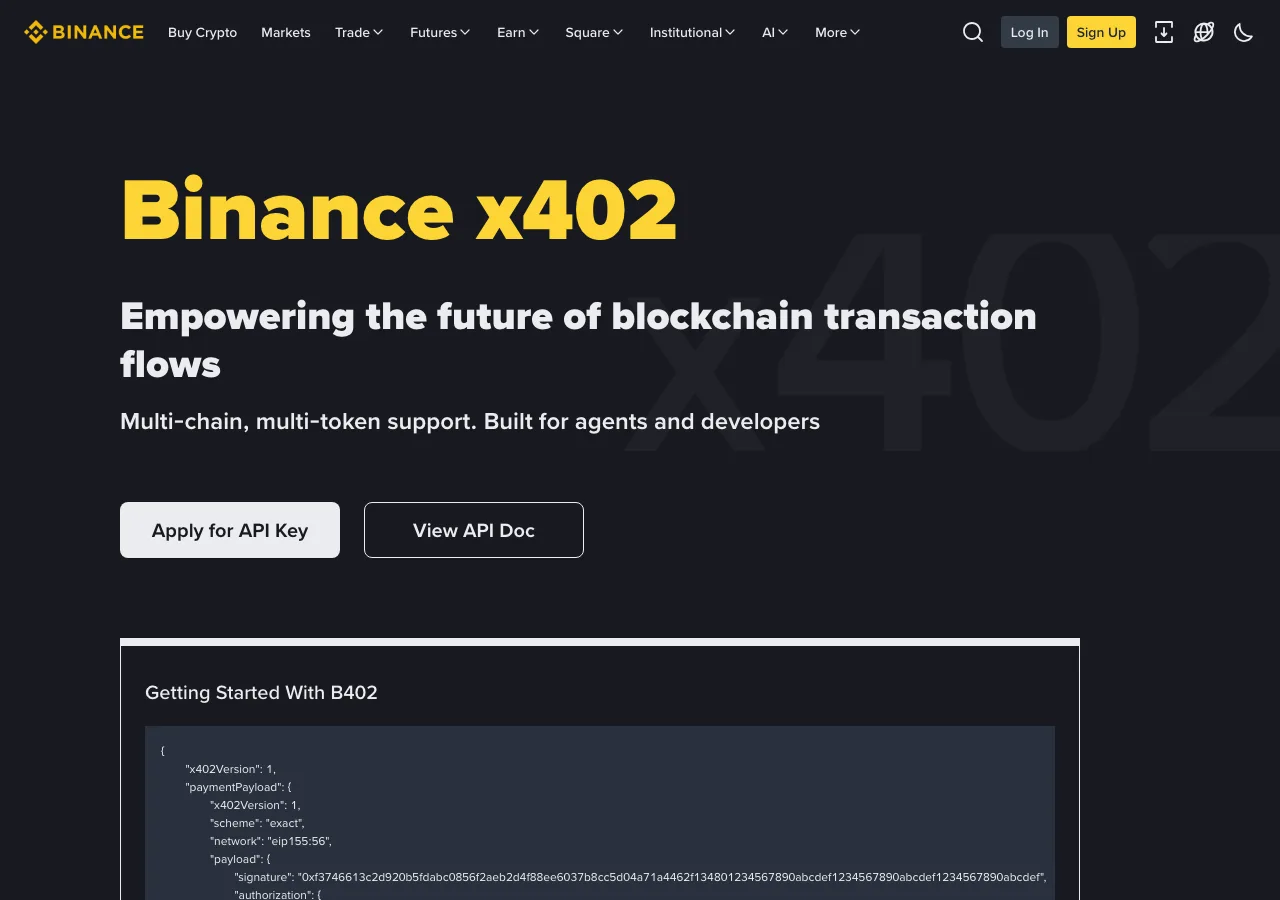 Travala AI 訂房代理接進 Binance x402,簽一次授權就訂好房 3 Binance x402 官方開發者頁首屏,標題 Binance x402 與 Apply for API Key 按鈕