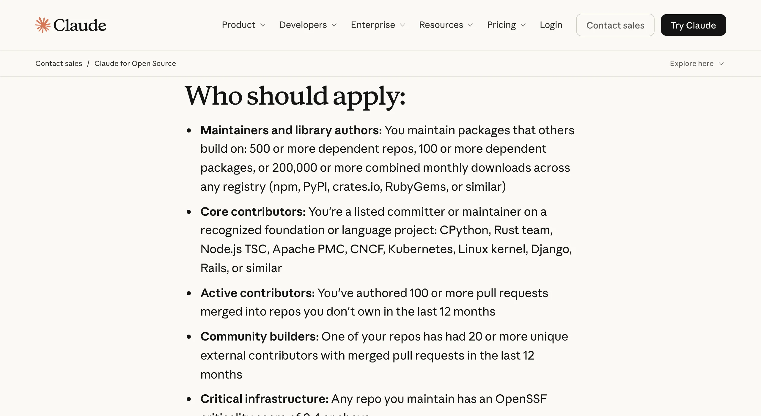 Claude for Open Source 頁面的申請資格清單，核心貢獻者示例明列 Node.js TSC
