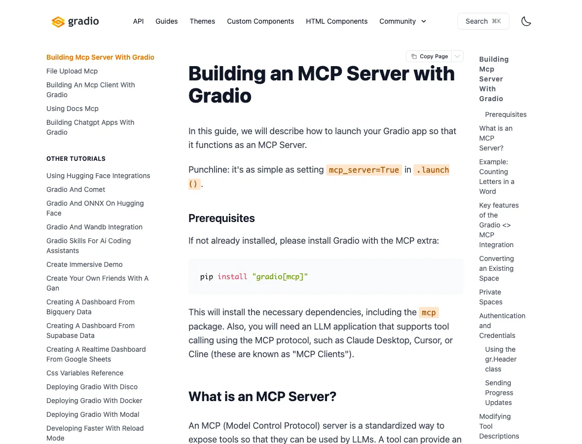 Gradio 互動報表工具:把 Python 分析變成同事能自己篩的網頁 4 Gradio 官方 MCP 指南文件截圖,標題 Building an MCP Server with Gradio,開頭說明只需在 launch() 設 mcp_server=True,並列出 pip install gradio 中括號 mcp 的安裝指令與 Claude Desktop、Cursor、Cline 等用戶端