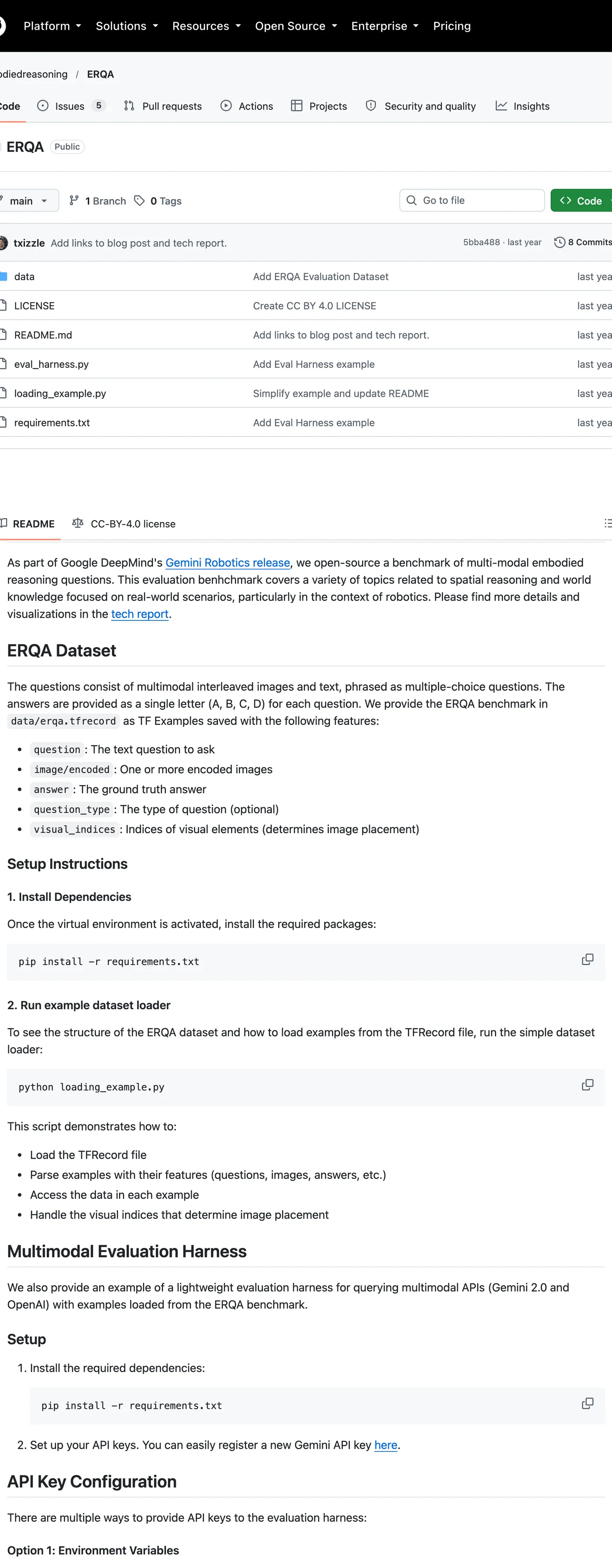 Google 把人類影片變機器人訓練場,布袋球實機七球連進 4 GitHub 儲存庫 embodiedreasoning/ERQA 頁面,README 說明這是隨 Google DeepMind 的 Gemini Robotics 發布開源的 多選題 embodied reasoning 評測,採 CC-BY-4.0 授權