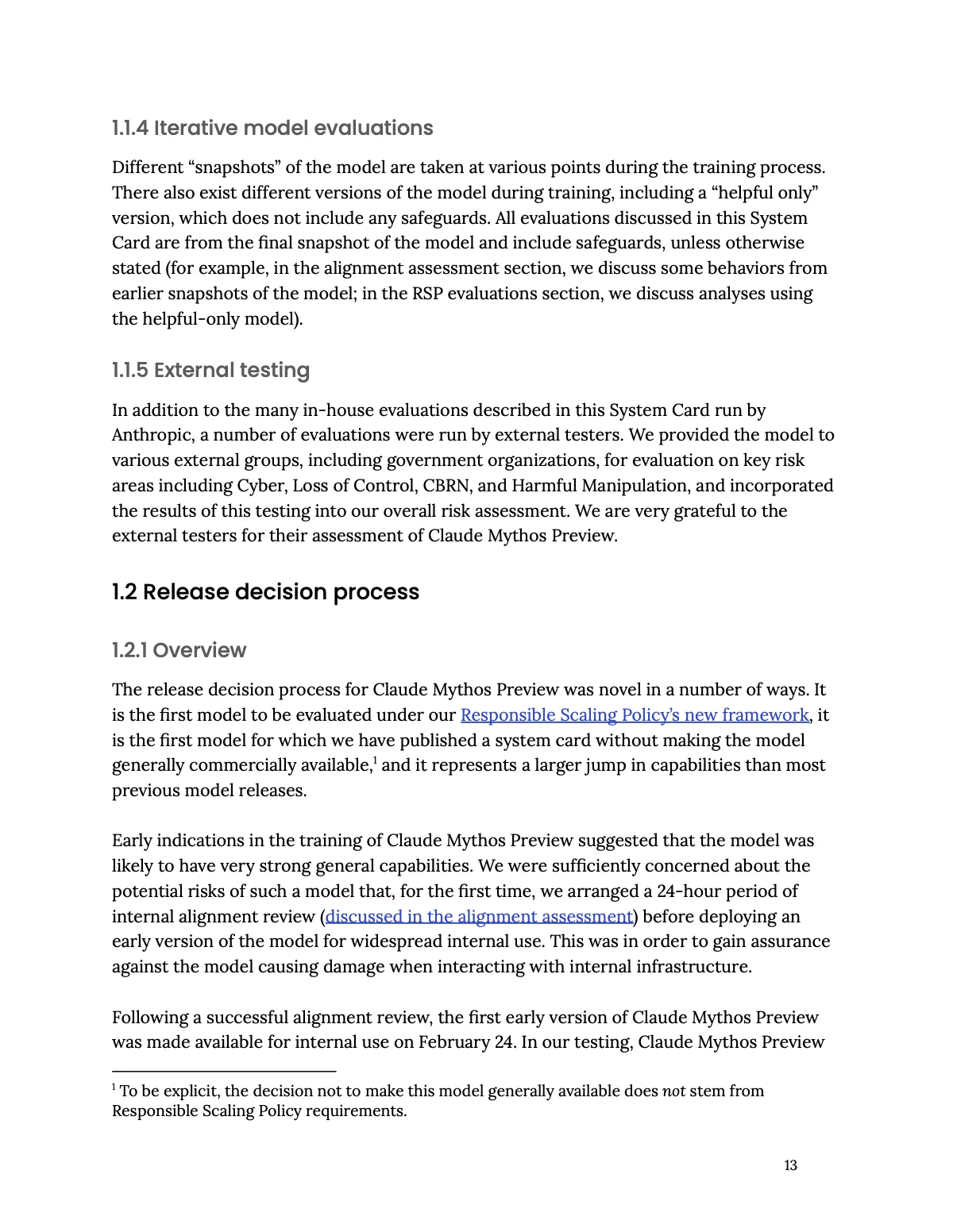 Mythos 延後四個月的說法從哪來:官方文件裡的分層時間線 2 TechMoon 截圖|Claude Mythos Preview 系統卡第 13 頁,載明第一個早期版本於 2026 年 2 月 24 日開放內部使用,註腳寫明不一般開放並非出自負責任擴張政策的要求