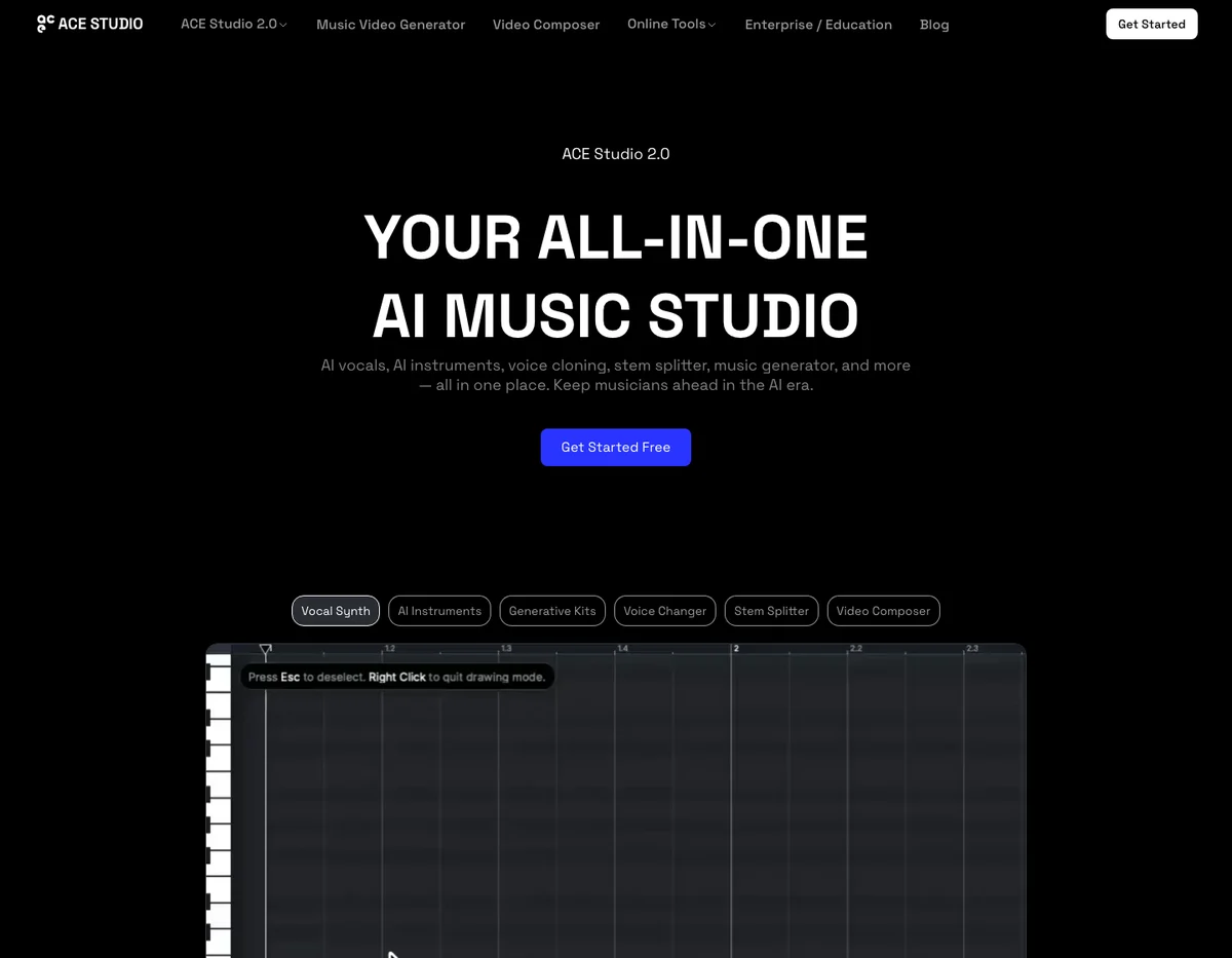 ACE Studio 歌聲合成:把 MIDI 和歌詞唱成可商用完整人聲 2 ACE Studio 2.0 官方首頁,主打一站式 AI 音樂工作室,涵蓋 AI 人聲、AI 樂器、聲音克隆與音軌分離