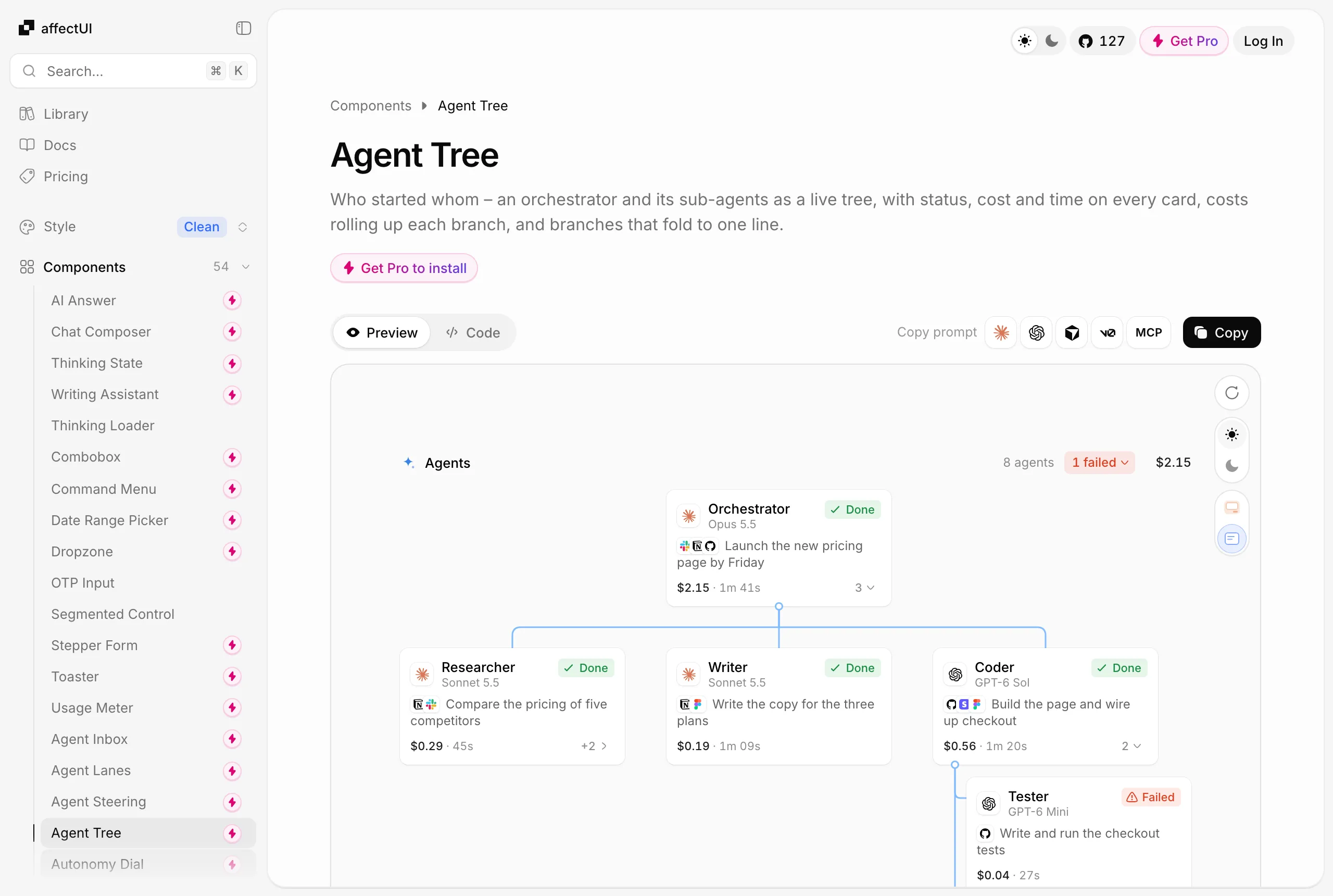 affectUI Agent Tree 樹狀介面:多代理誰啟動誰與花費看得見 2 affectUI 官方元件頁上的 Agent Tree 示範畫面,樹狀卡片以連線呈現總代理與子代理的階層,每張卡片標示狀態、模型與費用