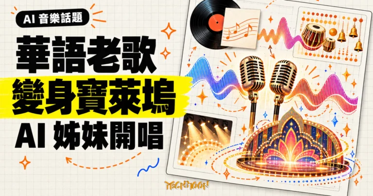TechMoon 精選圖｜AI 生成的印度姊妹把華語老歌改編成寶萊塢歌舞版概念圖，以雙麥克風、華語唱片、聲波與印度歌舞舞台元素呈現。