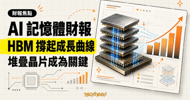TechMoon 精選圖｜AI 記憶體晶片財報概念圖，以堆疊 HBM 記憶體晶片、上升長條圖與趨勢線呈現成長動能。
