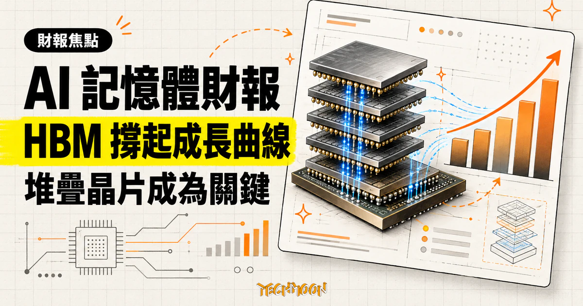 SK 海力士第三季財報:HBM4 準備接班,長約先鎖走一半產能 1 TechMoon 精選圖|AI 記憶體晶片財報概念圖,以堆疊 HBM 記憶體晶片、上升長條圖與趨勢線呈現成長動能。
