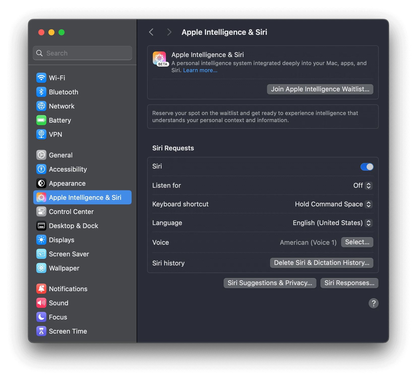 macOS 設定的 Apple Intelligence 與 Siri 頁面，顯示加入候補名單按鈕