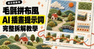 毛氈拼布風 AI 插畫提示詞教學精選圖，以縫線、紗線、布料圖層與停格動畫分鏡拆解插畫提示詞。