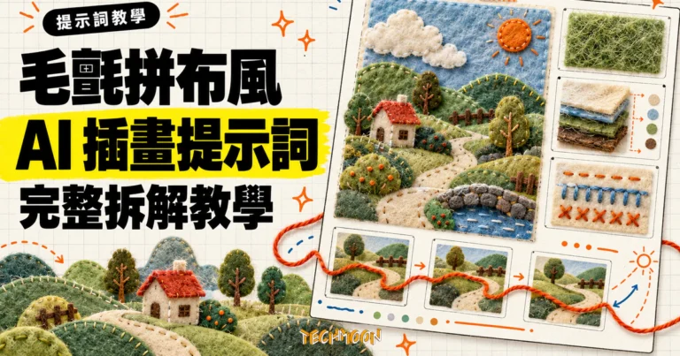 毛氈拼布風 AI 插畫提示詞教學精選圖，以縫線、紗線、布料圖層與停格動畫分鏡拆解插畫提示詞。