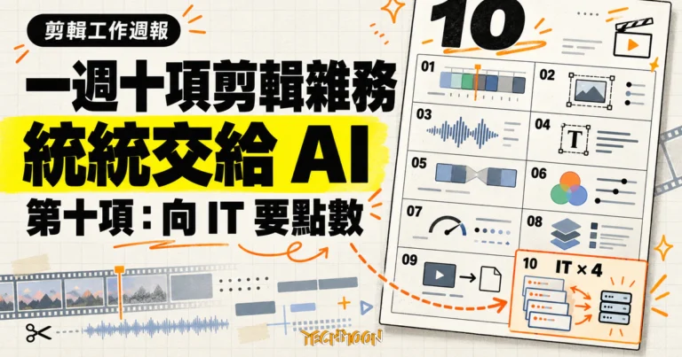 TechMoon 精選圖｜創作者把一週十項影片剪輯雜務交給 AI，第十項工作是四次向 IT 申請更多點數。