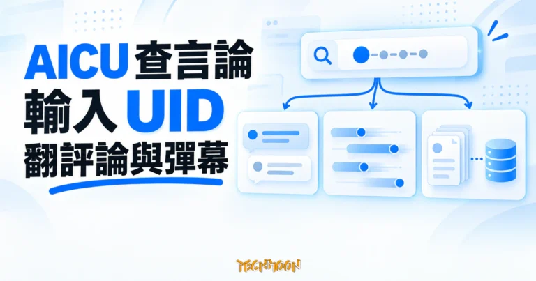 TechMoon 精選圖｜AICU 嗶哩嗶哩言論紀錄查詢概念，UID 輸入框連到評論、彈幕與快照資料庫卡片。