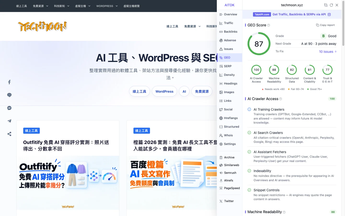 AITDK 面板對 techmoon.xyz 給出 GEO 評分 87 分 B 級與五個子分數